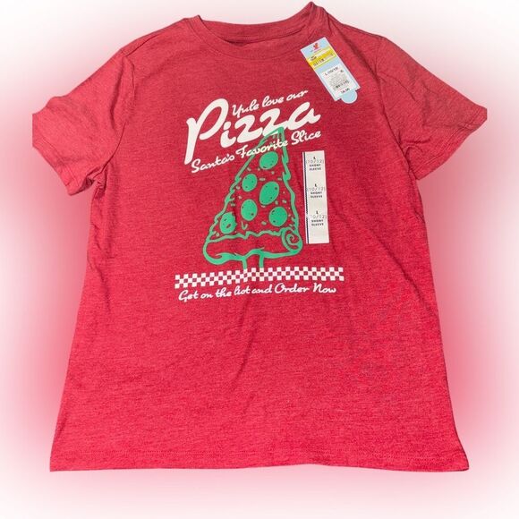 👕 Nwt 10/12 Cat & Jack Red Short Sleeve Christmas Pizza Tee - Picture 1 of 2